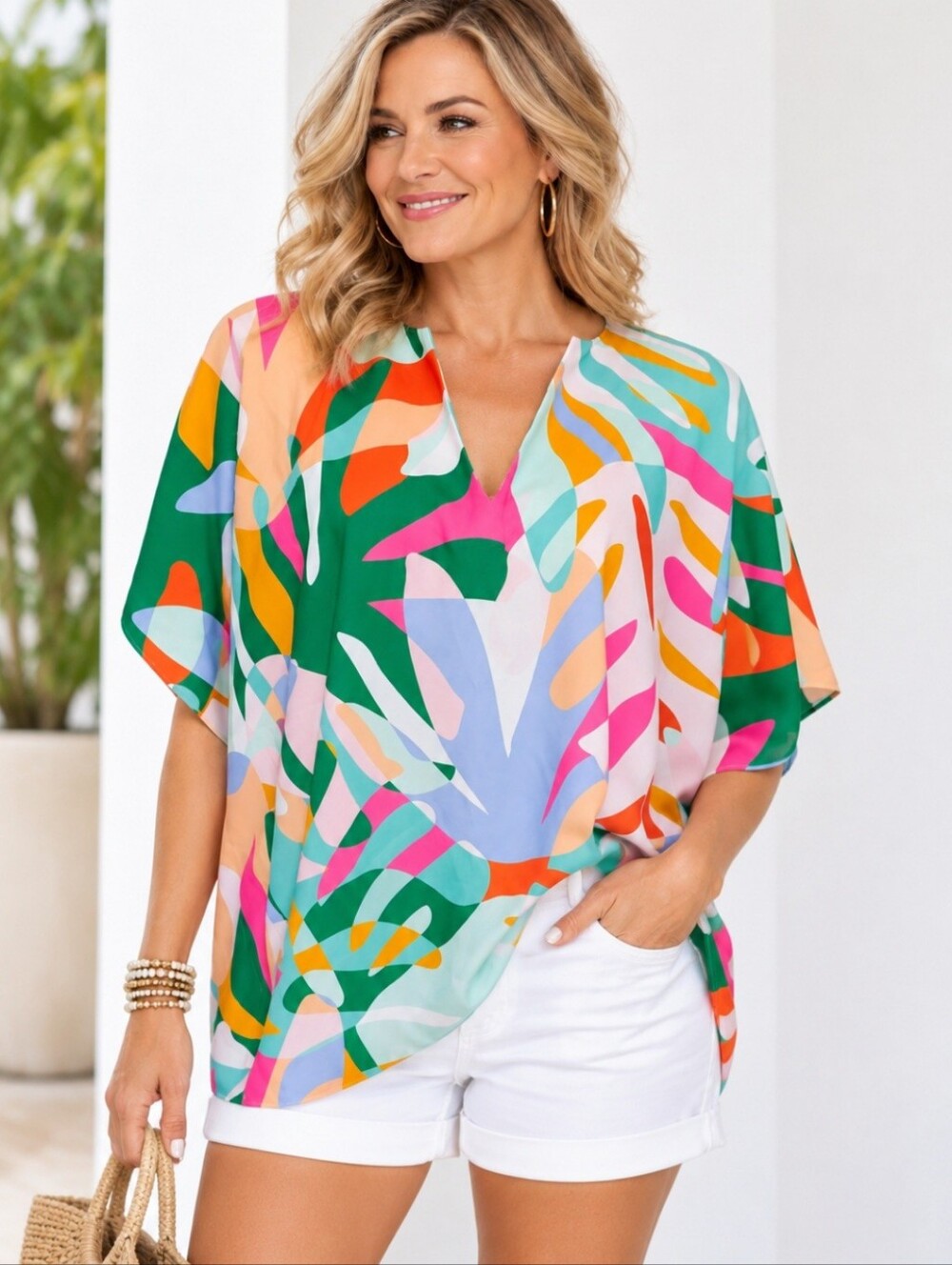 CROSBY Mollie Burch Top Women M Abstract Caftan Dolman Blouse Resort Vacation